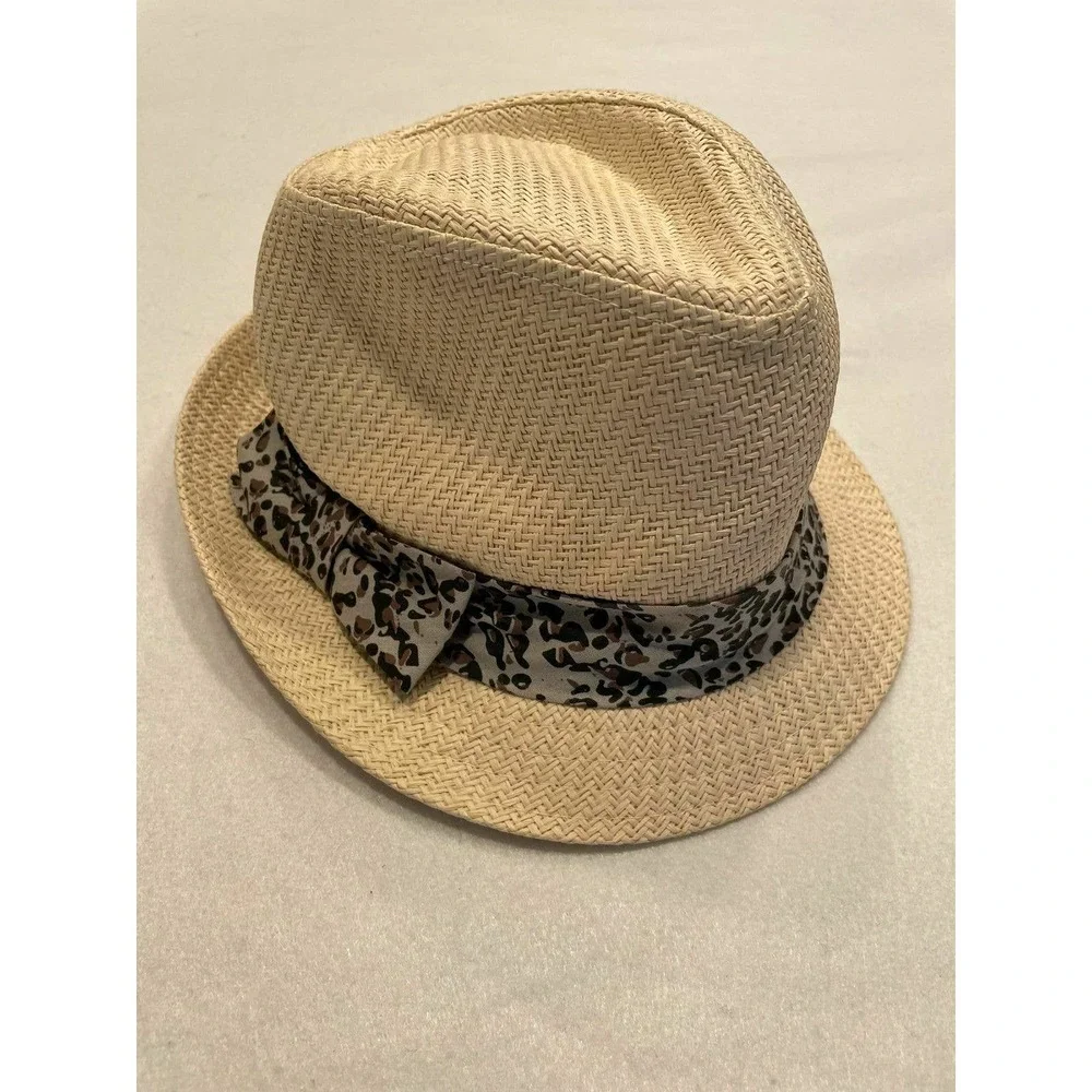 Scala Pronto Straw Fedora Hat w/ Leopard Bow Band 100% Paper Woven Natural 57cm